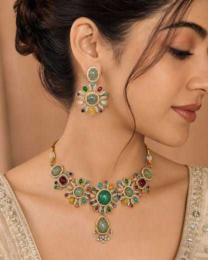 Sabyasachi Inspired Green Turkish Pota Necklace Set