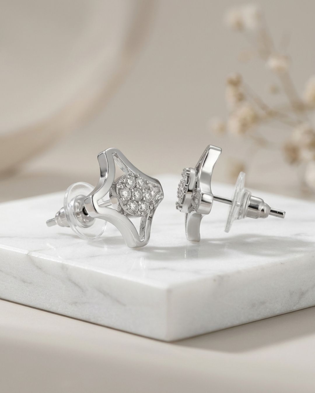 Silver Finish Geometric CZ Stud Earrings for Elegant Everyday Style