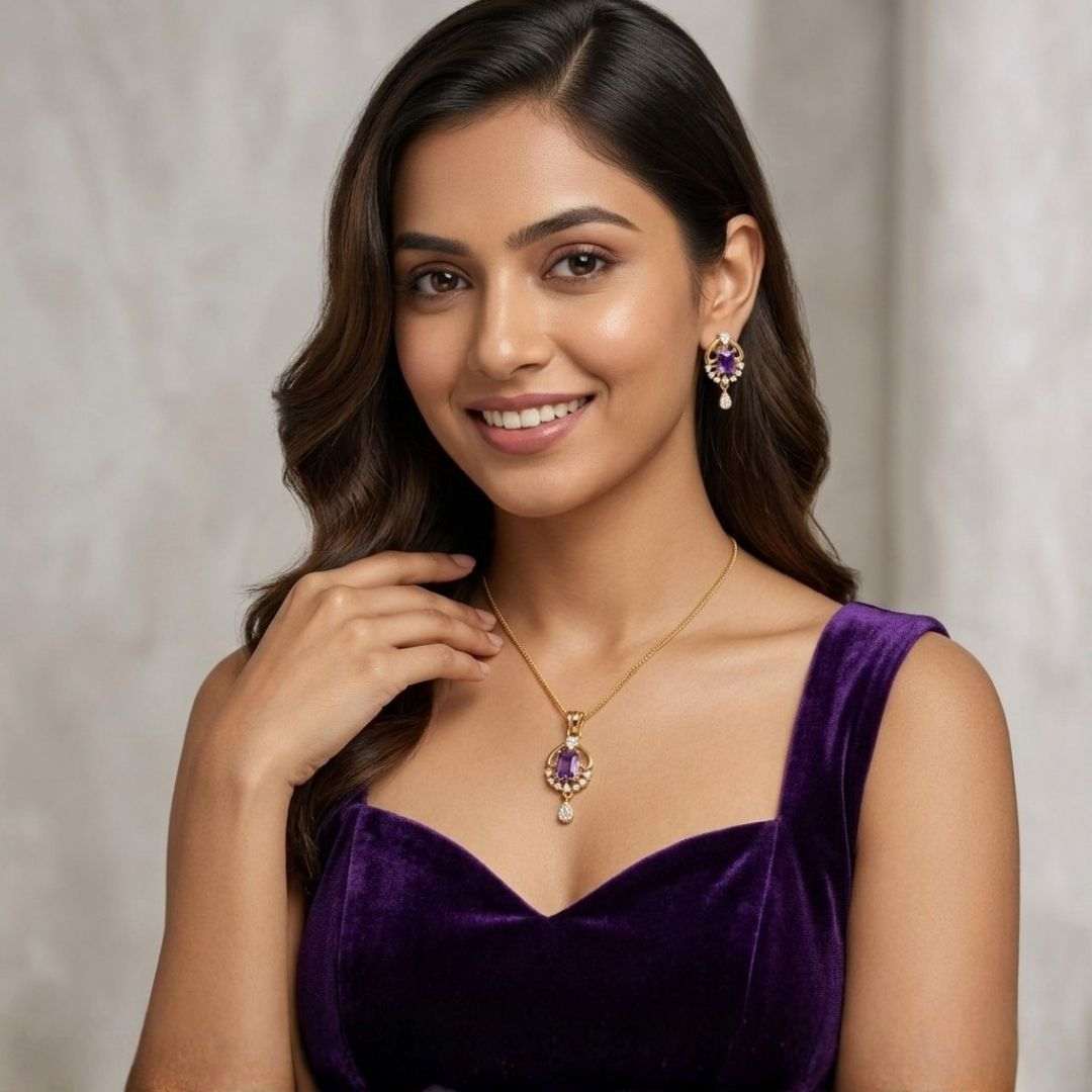 Royal Amethyst Gold Finish Party Wear Pendant Set
