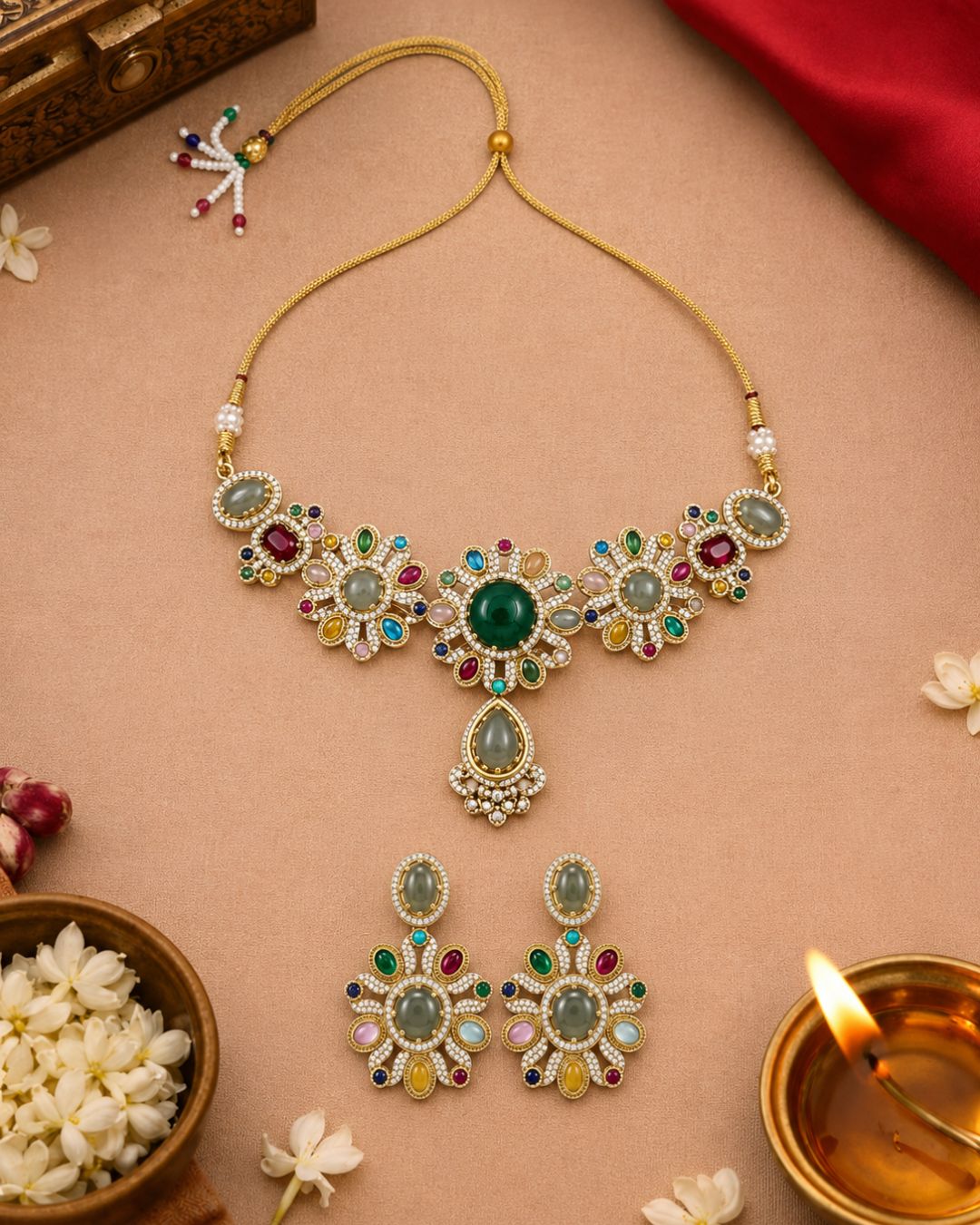Sabyasachi Inspired Green Turkish Pota Necklace Set