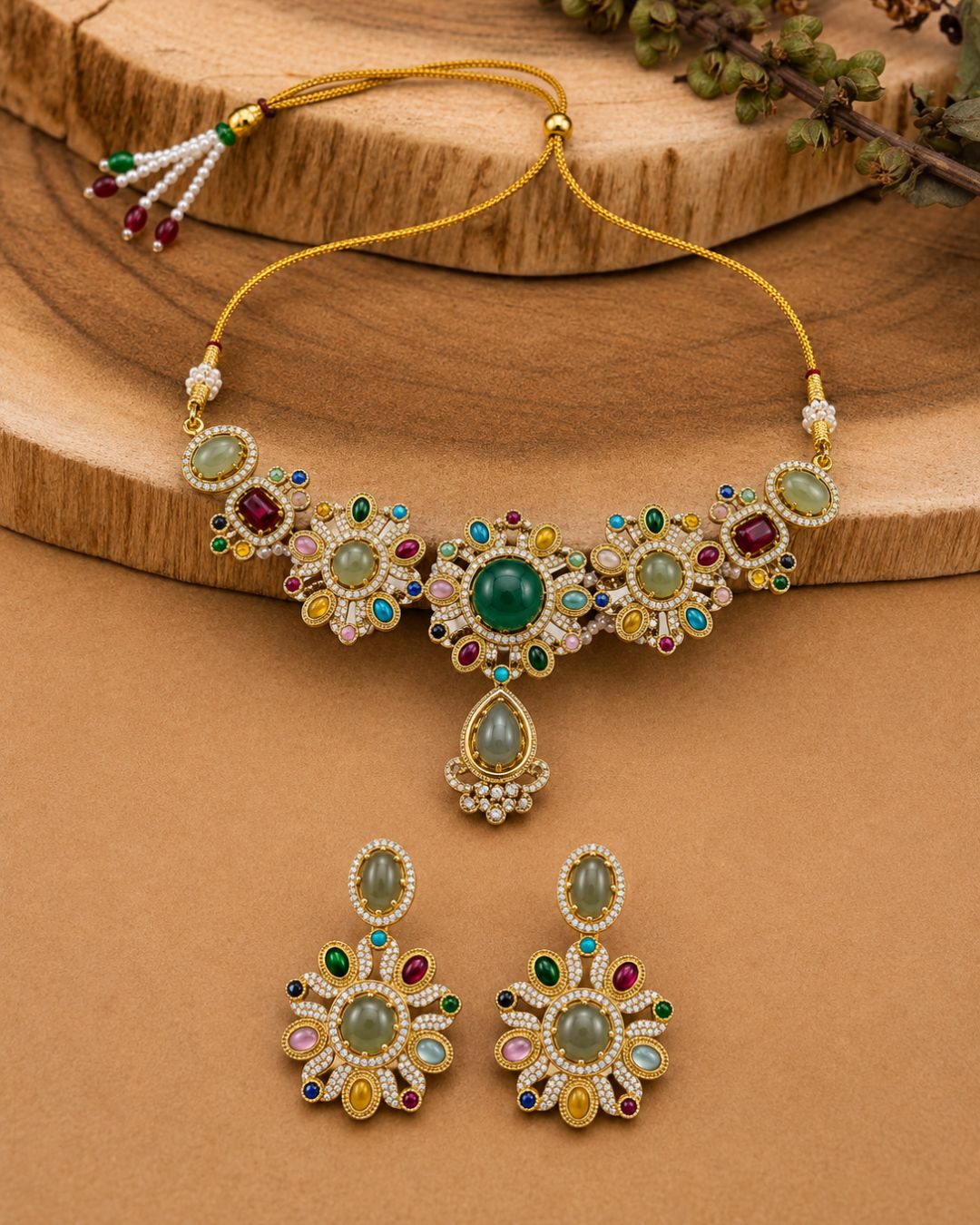 Sabyasachi Inspired Green Turkish Pota Necklace Set