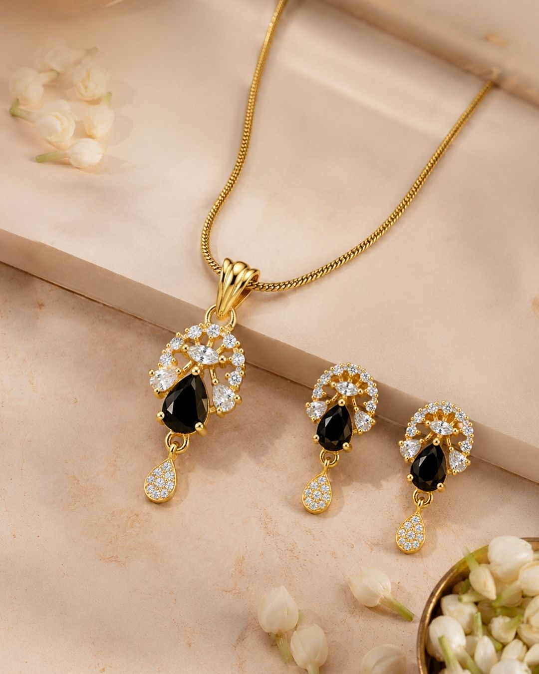 Midnight Bloom Gold Finish Designer Pendant Set