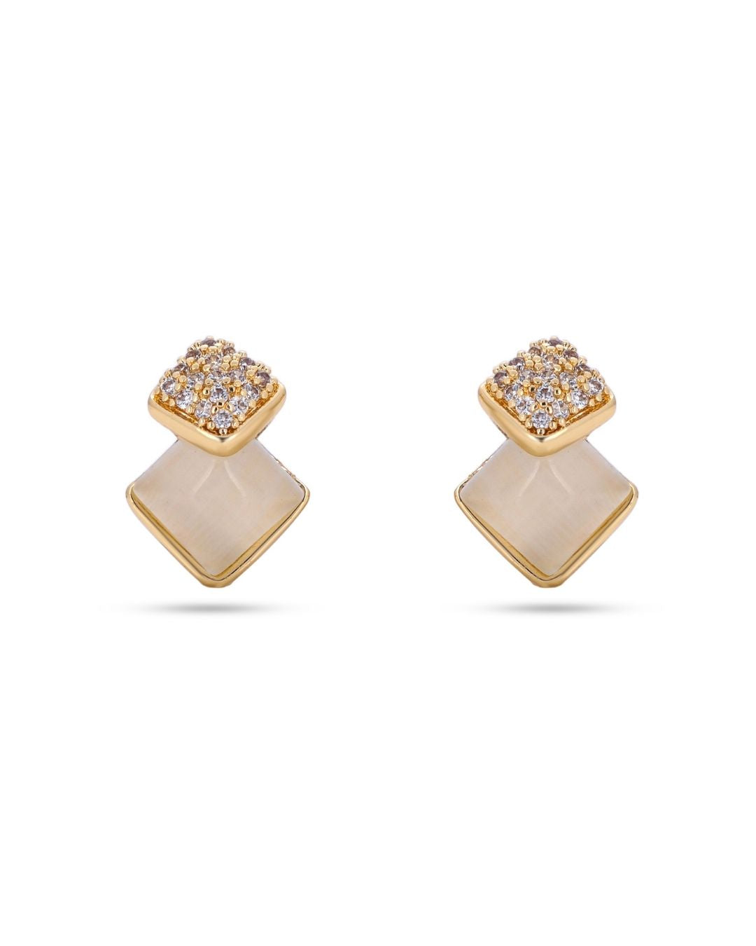 Golden Pearl Shell AD Stud Earrings with Crystal Square Design