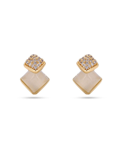 Golden Pearl Shell AD Stud Earrings with Crystal Square Design