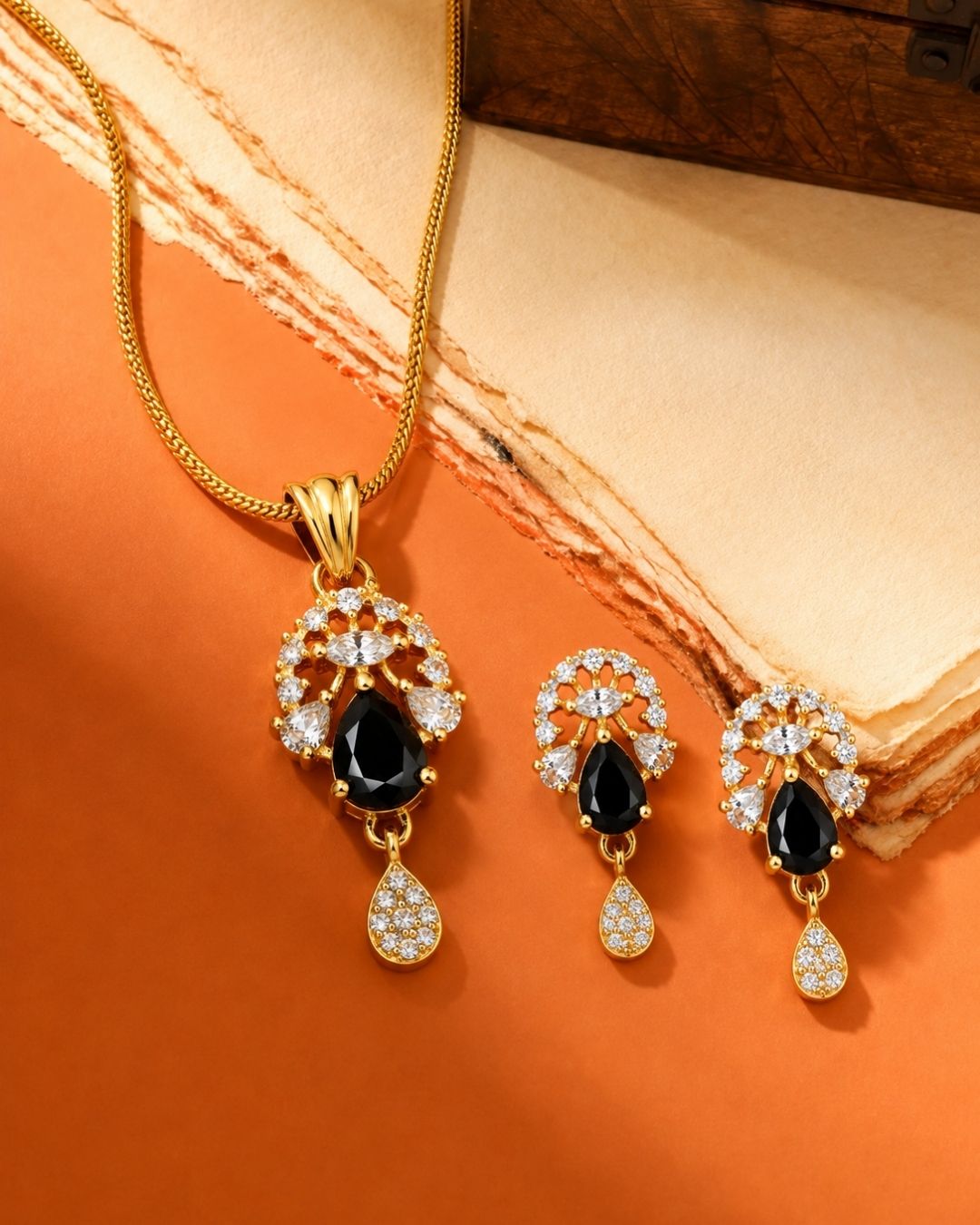Midnight Bloom Gold Finish Designer Pendant Set