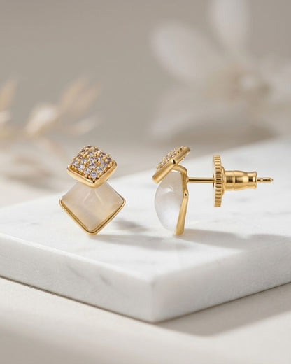 Golden Pearl Shell AD Stud Earrings with Crystal Square Design