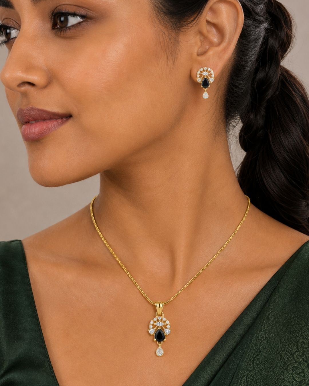 Midnight Bloom Gold Finish Designer Pendant Set