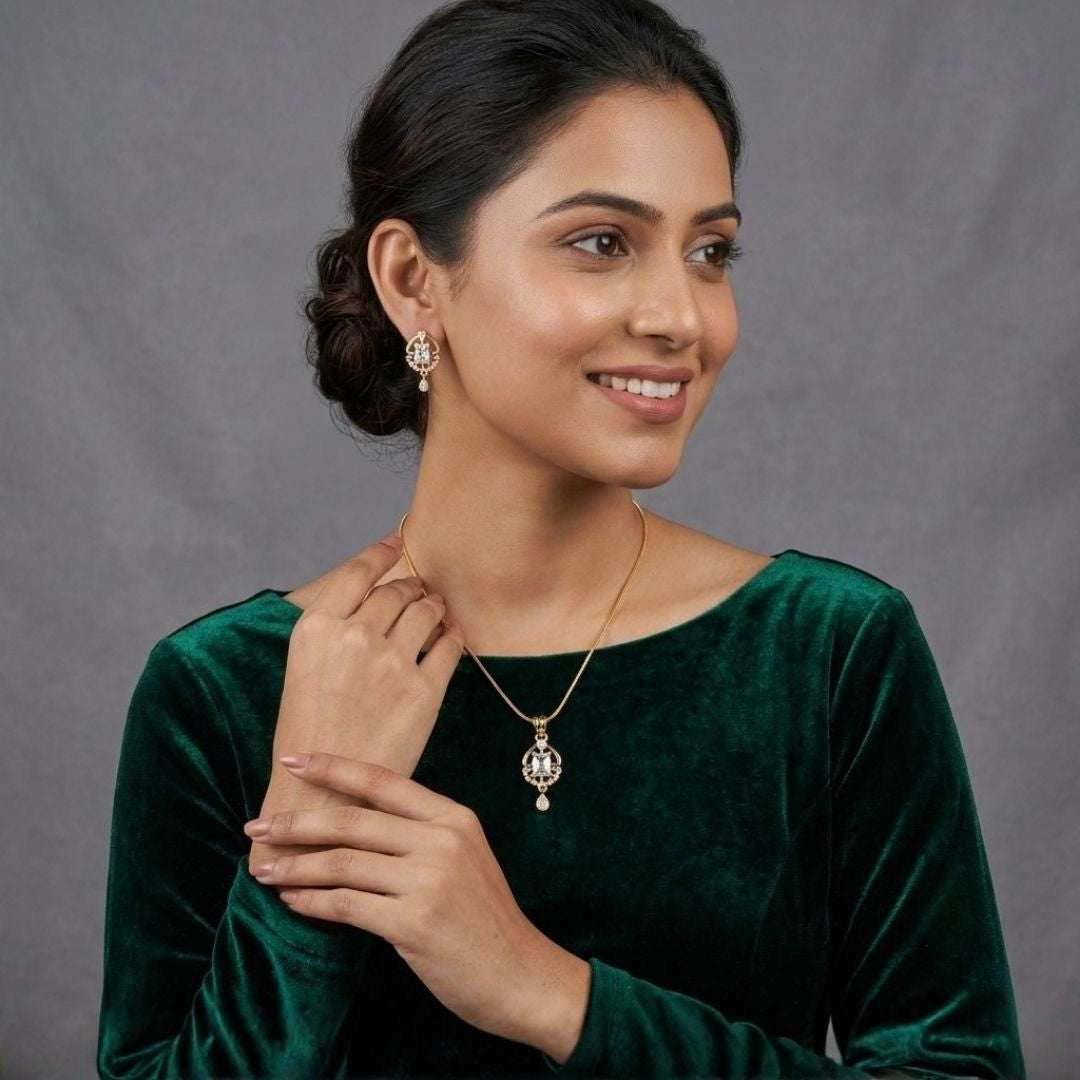 Regal Radiance Gold Finish American Diamond Pendant Set