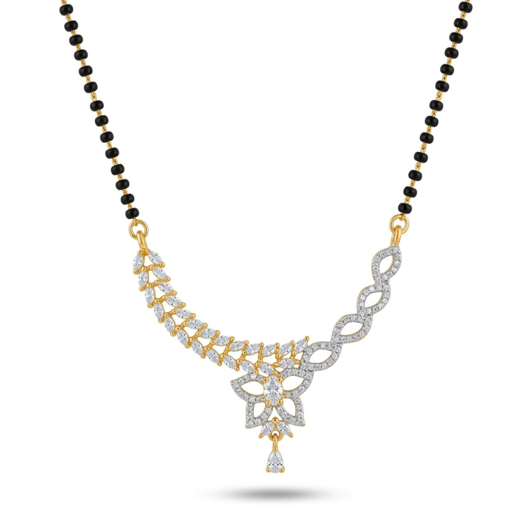 Floral Dual Tone American Diamond Black Beads Mangalsutra