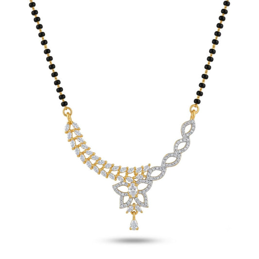 Floral Dual Tone American Diamond Black Beads Mangalsutra