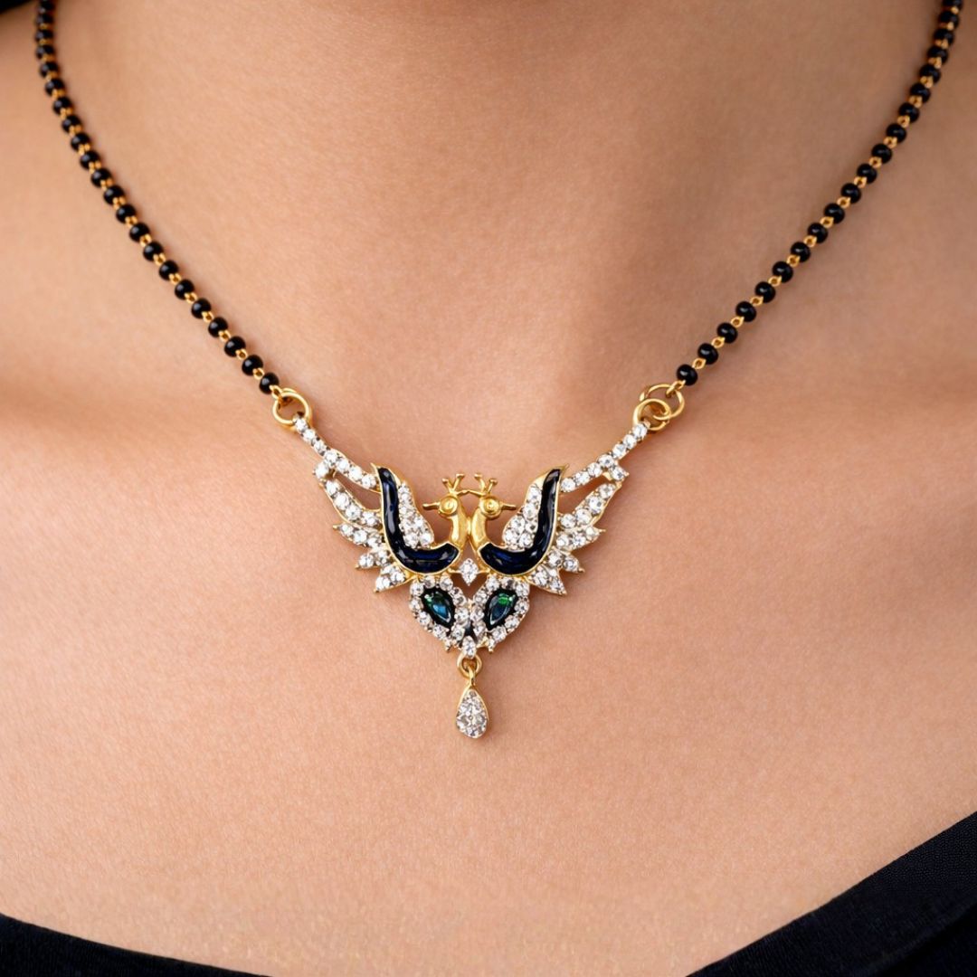 AD Mangalsutra with Twin Peacock Pendant and Teardrop Accent