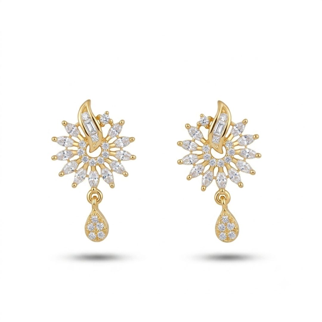 Gold floral drop earrings with marquise and baguette cut white stones