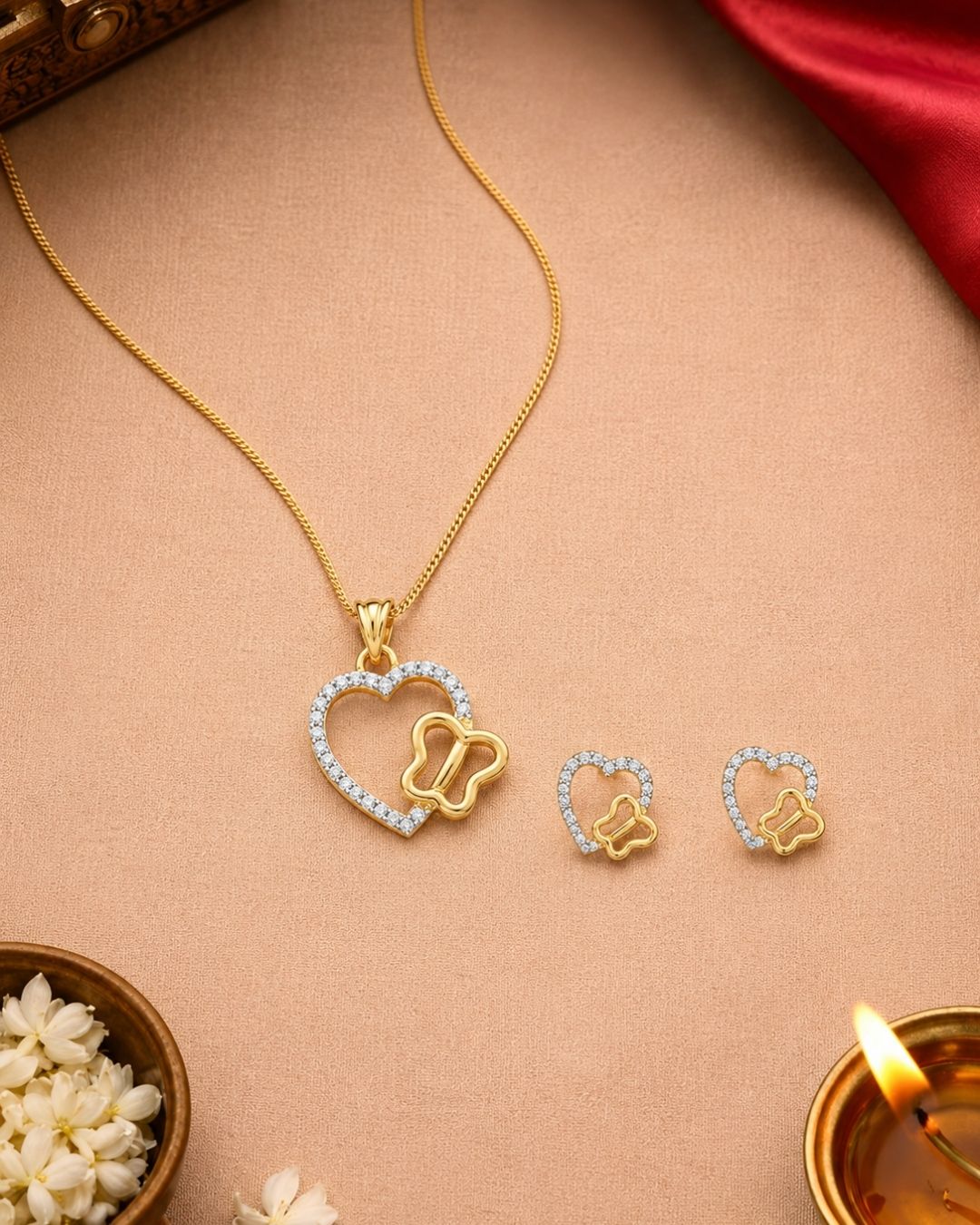 Heart & Butterfly Gold Finish AD Pendant Set