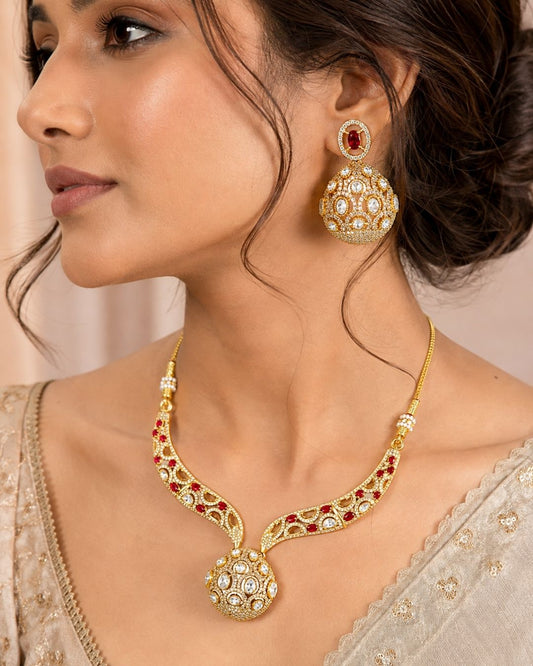 Ruby Polki Necklace Set with Statement Ball Pendant