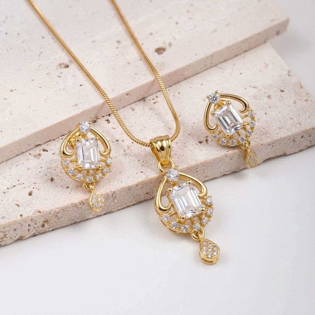 Regal Radiance Gold Finish American Diamond Pendant Set