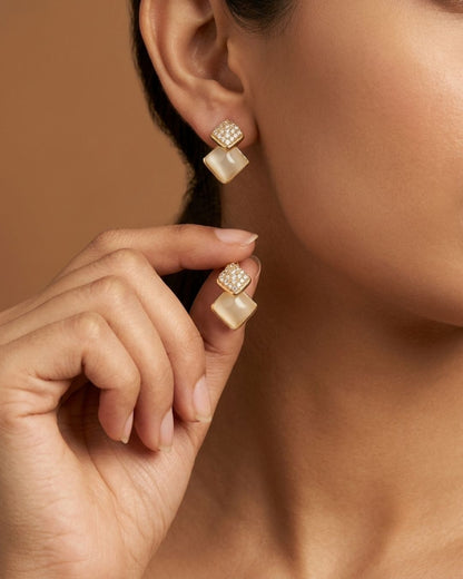 Golden Pearl Shell AD Stud Earrings with Crystal Square Design