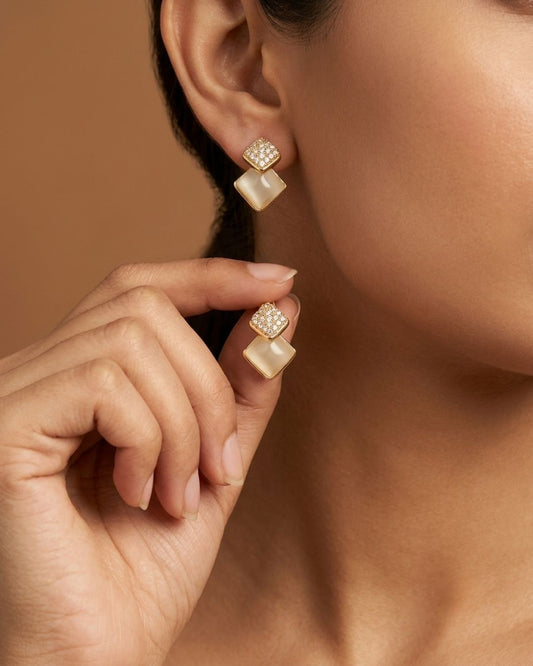 Golden Pearl Shell AD Stud Earrings with Crystal Square Design