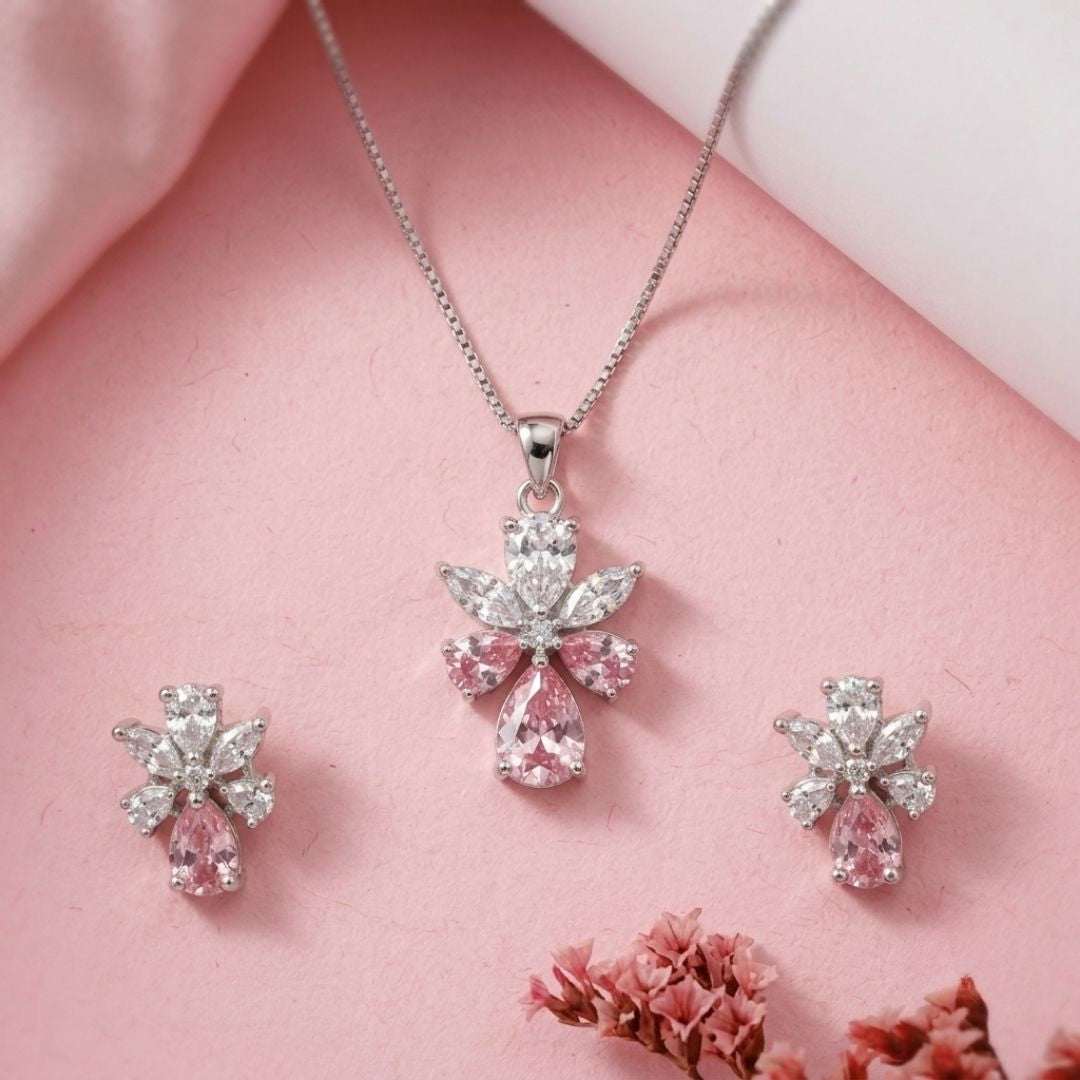 Pink Bloom Silver Finish AD Pendant Set