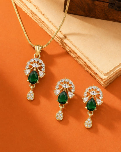 Emerald Bloom Gold Finish AD Pendant Set
