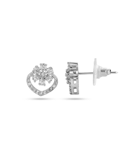 Sparkling Floral Heart Silver Finish AD Stud Earrings