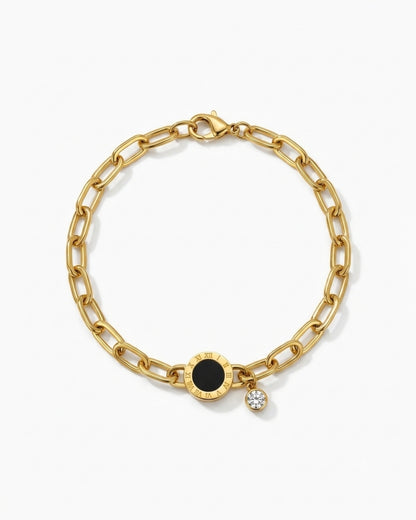 Black Medallion & Crystal Charm Chain Bracelet for Women