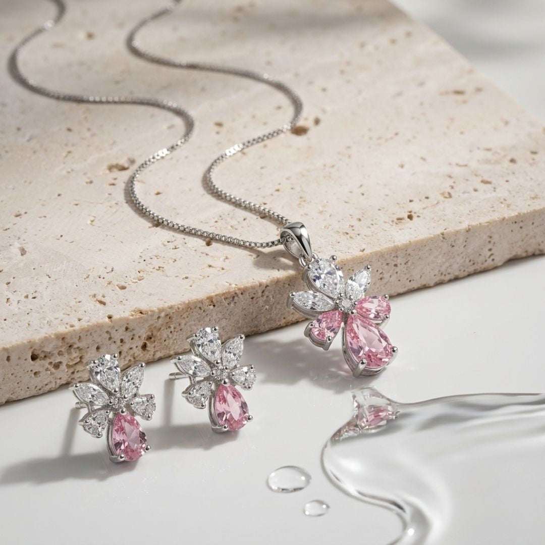 Pink Bloom Silver Finish AD Pendant Set