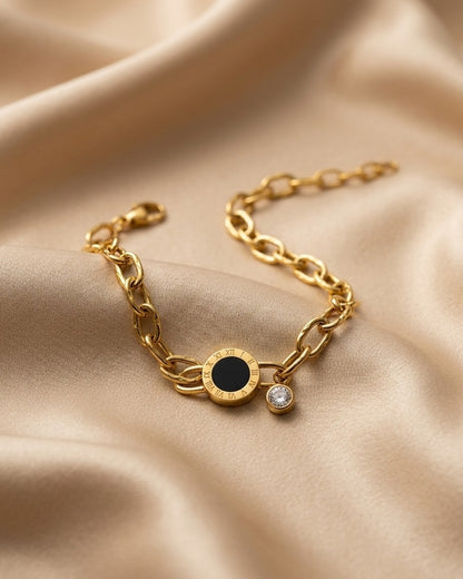 Black Medallion & Crystal Charm Chain Bracelet for Women