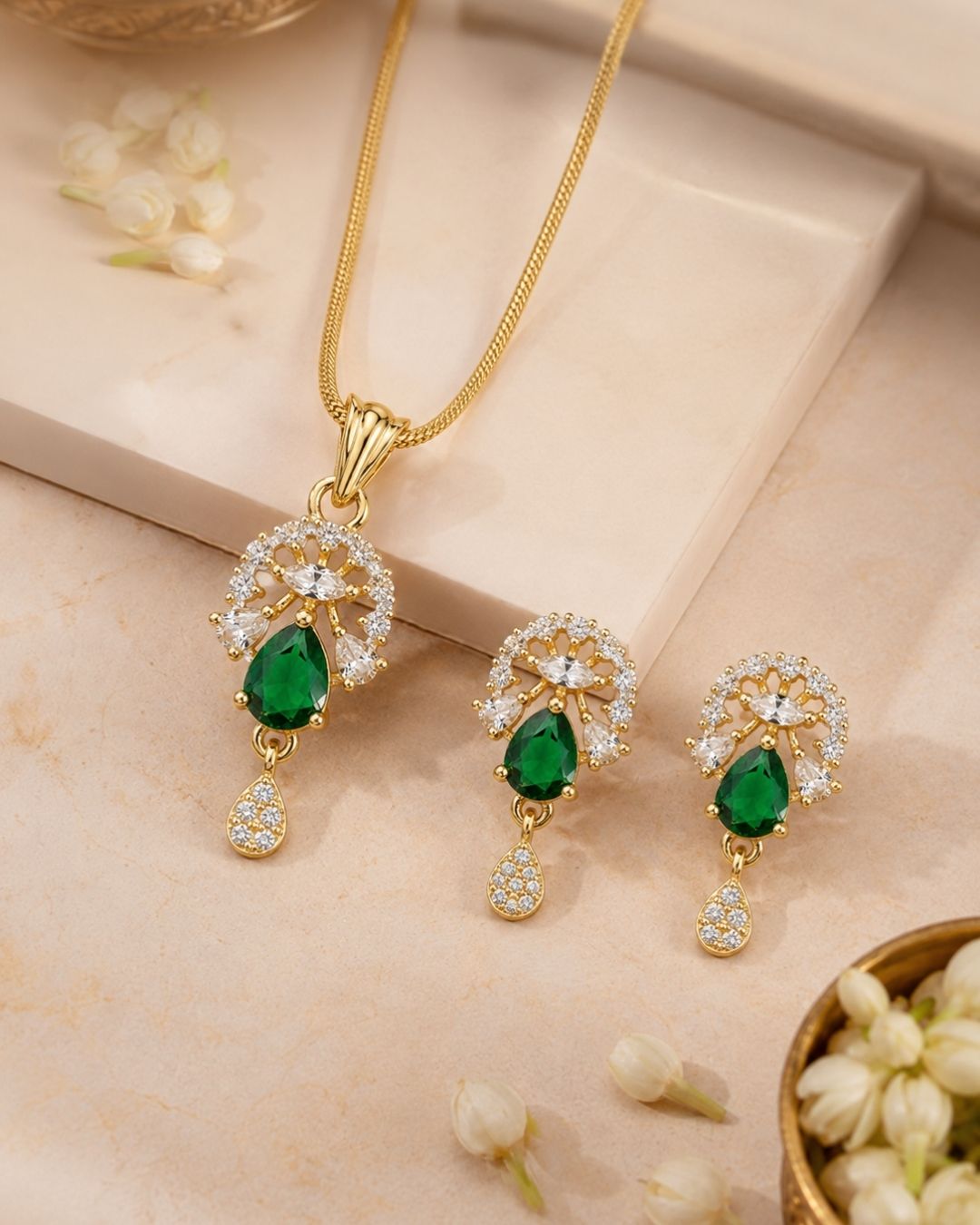 Emerald Bloom Gold Finish AD Pendant Set