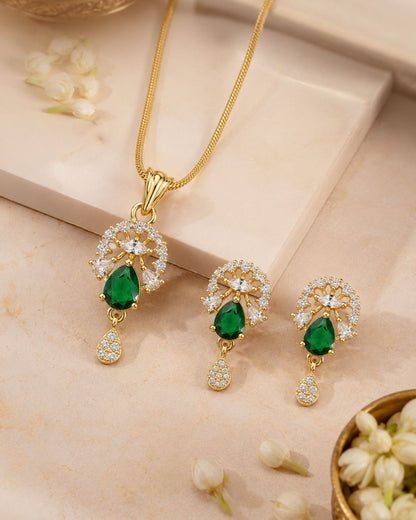 Emerald Bloom Gold Finish AD Pendant Set