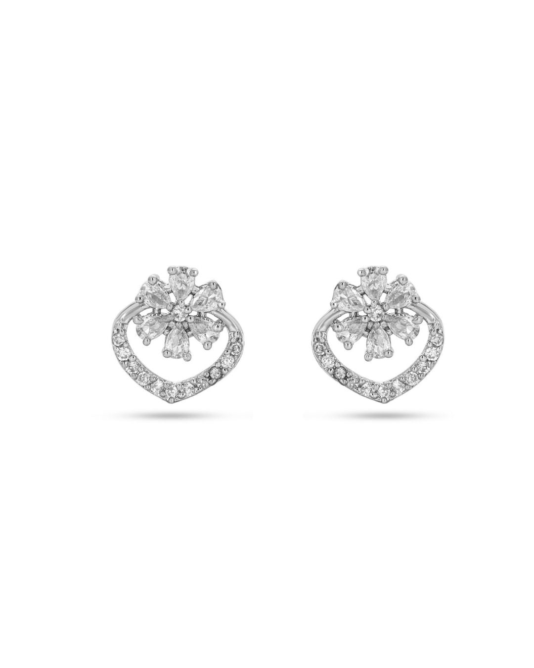 Sparkling Floral Heart Silver Finish AD Stud Earrings