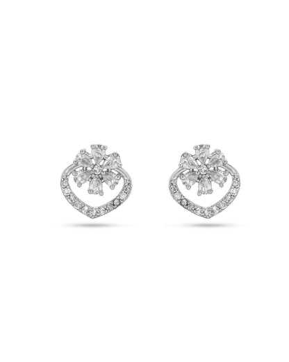 Sparkling Floral Heart Silver Finish AD Stud Earrings