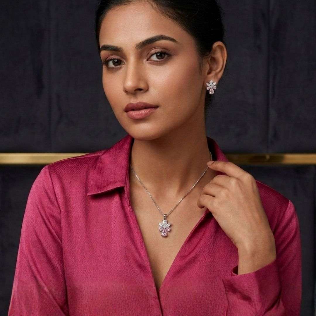 Pink Bloom Silver Finish AD Pendant Set