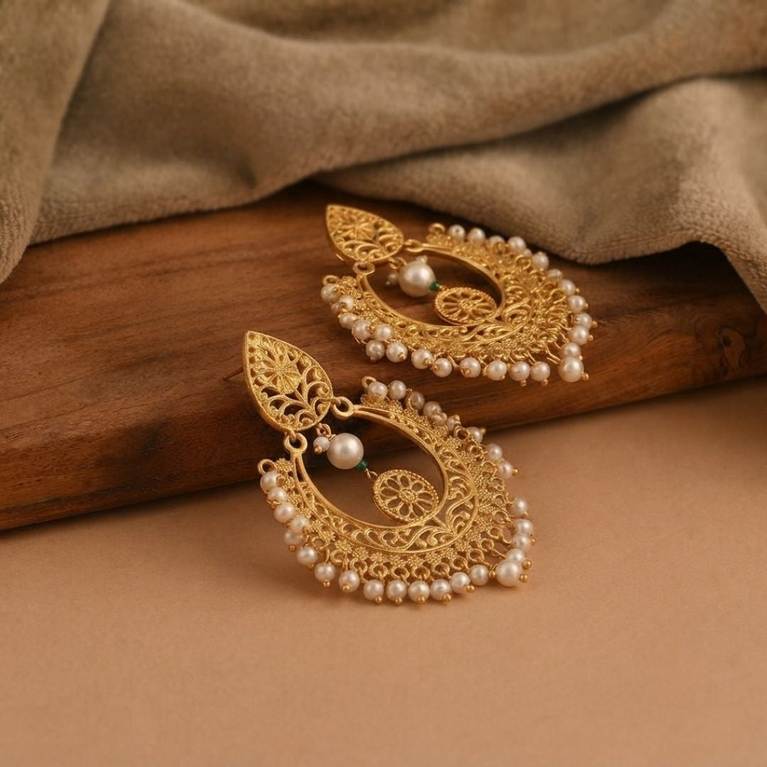 Elegant Chandbali Earrings with Pearl Beads