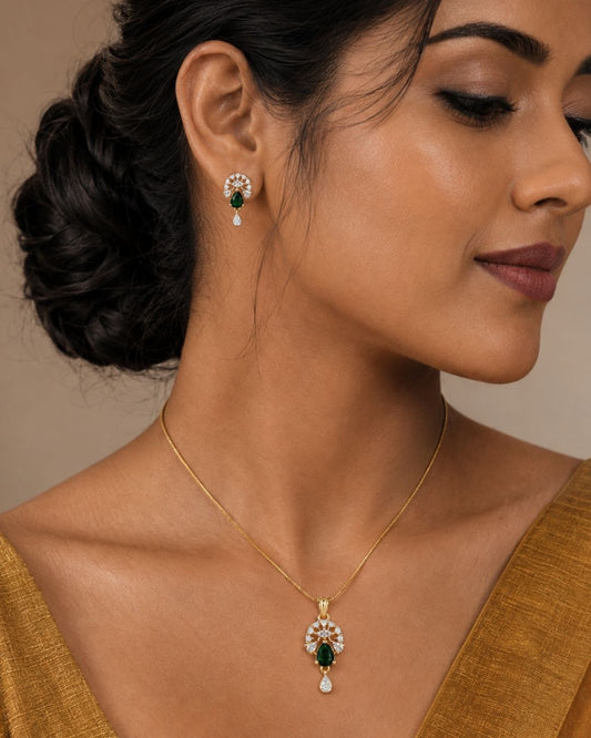 Emerald Bloom Gold Finish AD Pendant Set