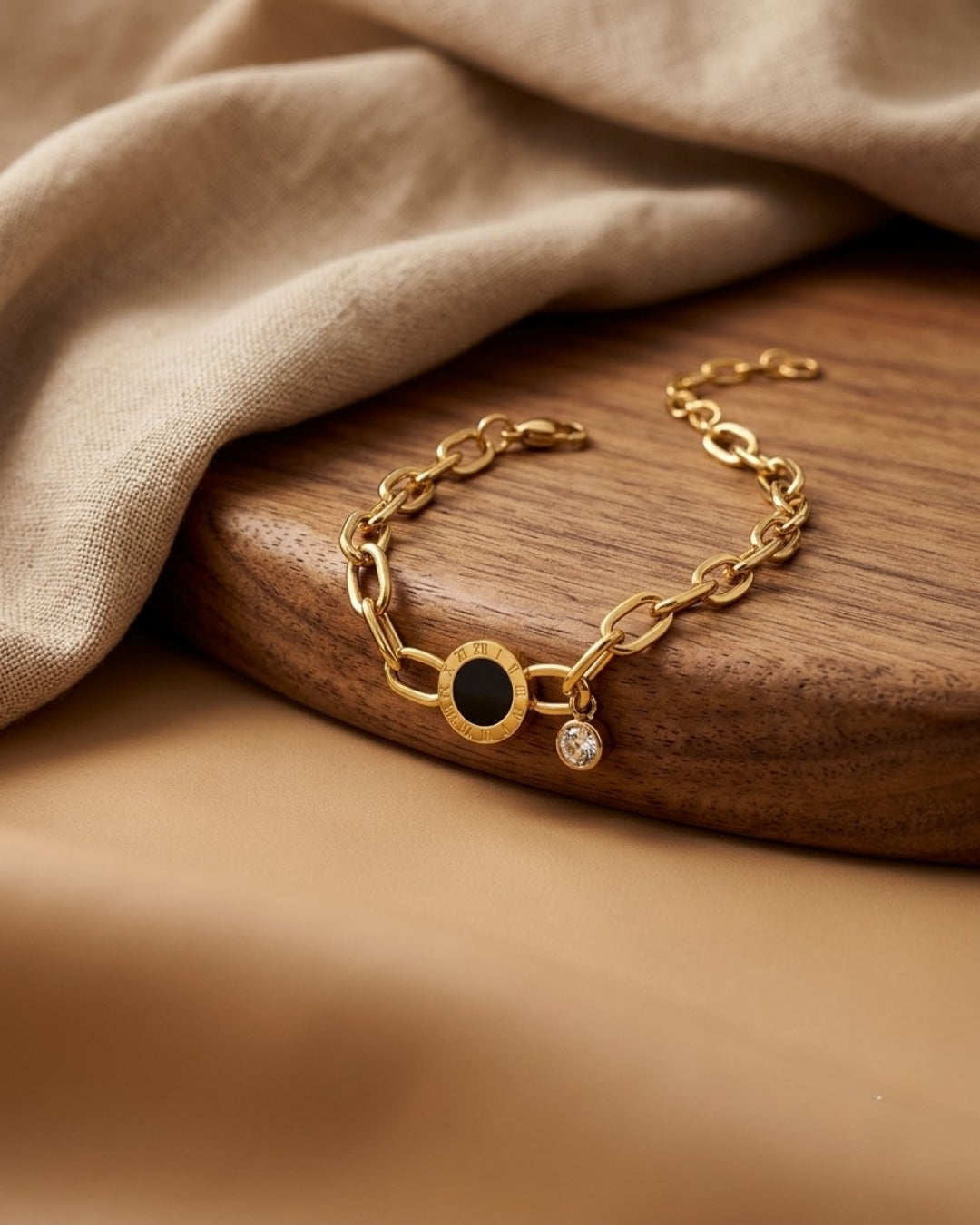 Black Medallion & Crystal Charm Chain Bracelet for Women