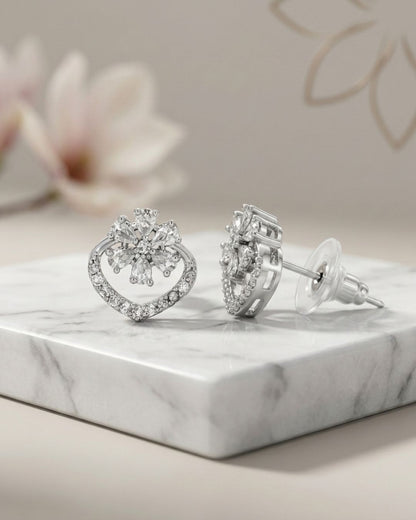 Sparkling Floral Heart Silver Finish AD Stud Earrings