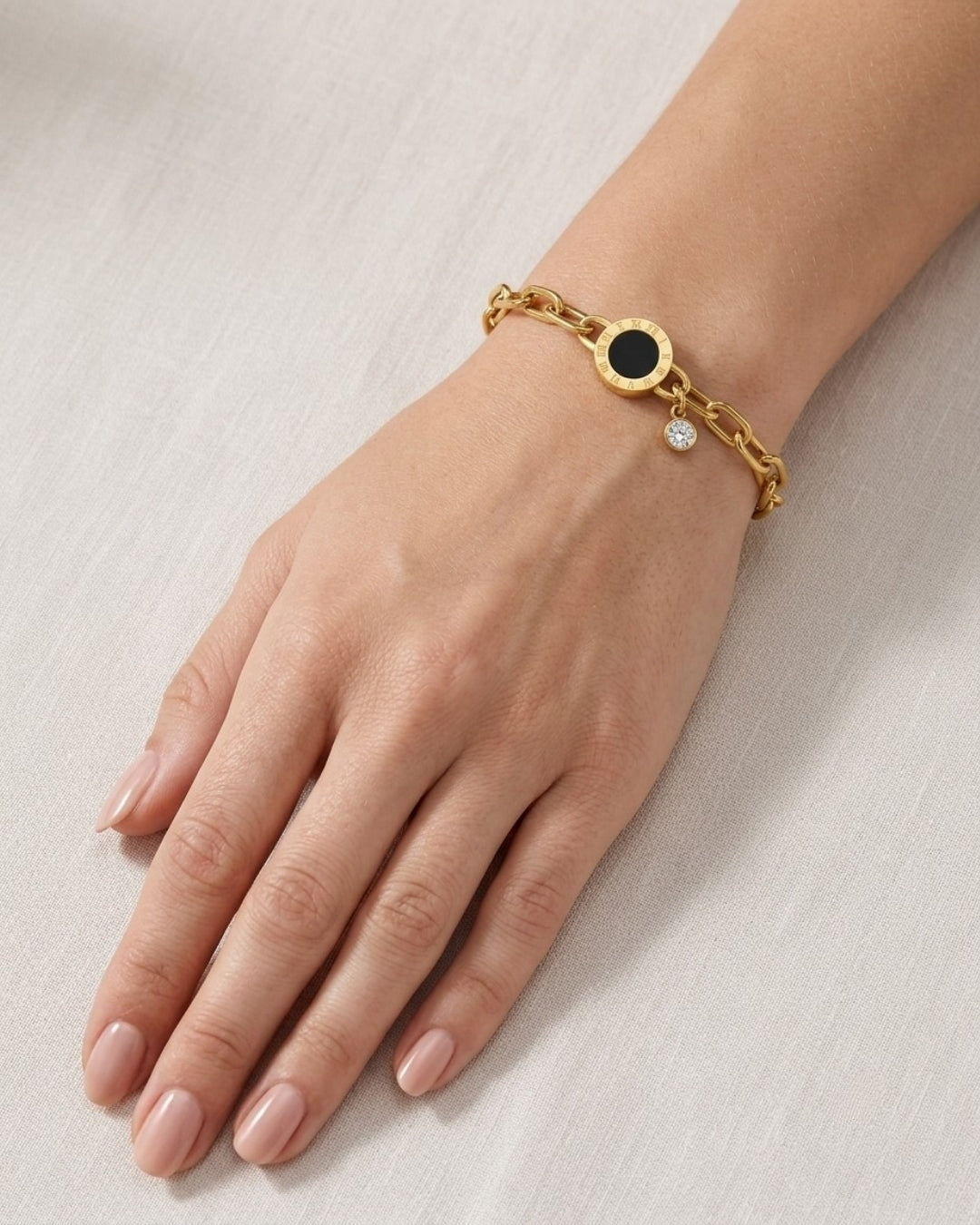 Black Medallion & Crystal Charm Chain Bracelet for Women