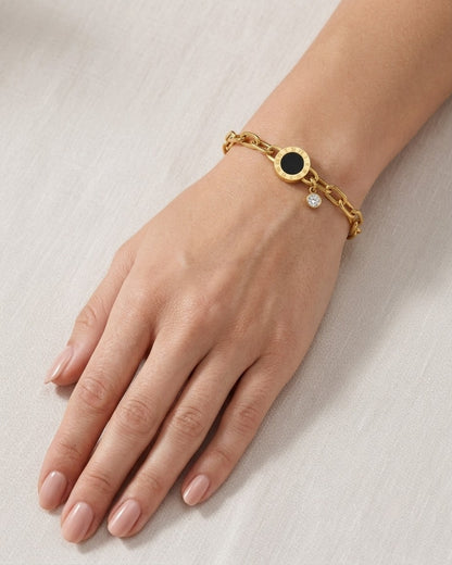 Black Medallion & Crystal Charm Chain Bracelet for Women