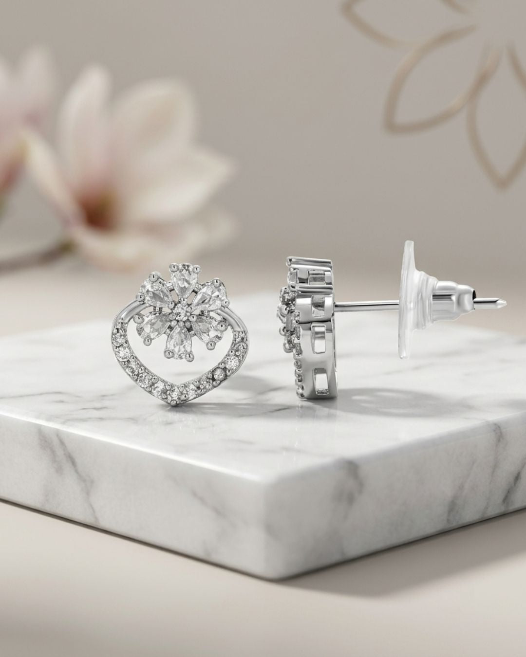 Sparkling Floral Heart Silver Finish AD Stud Earrings