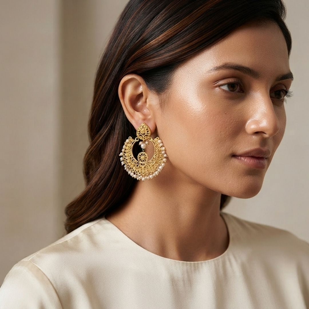 Elegant Chandbali Earrings with Pearl Beads
