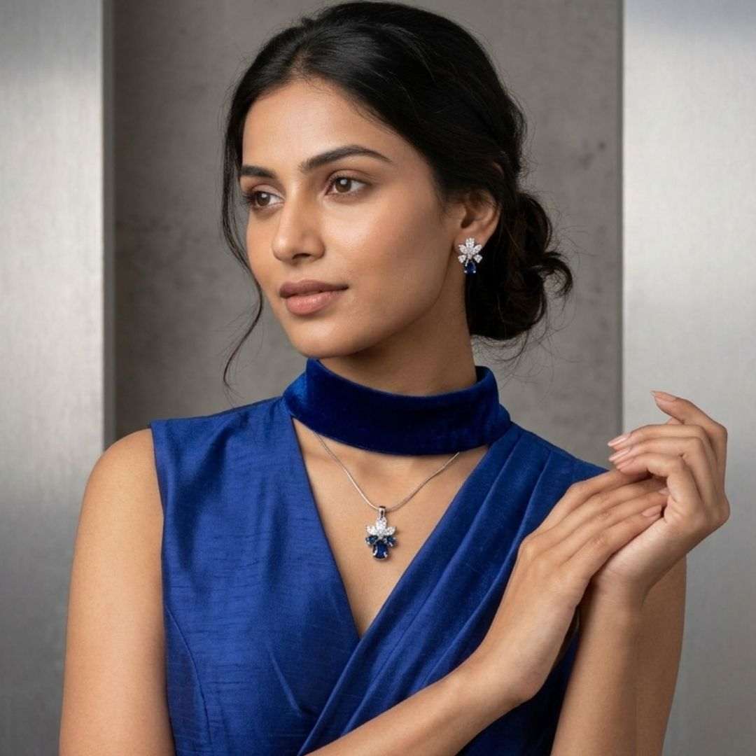 Sapphire Bloom Silver Finish Designer Pendant Set