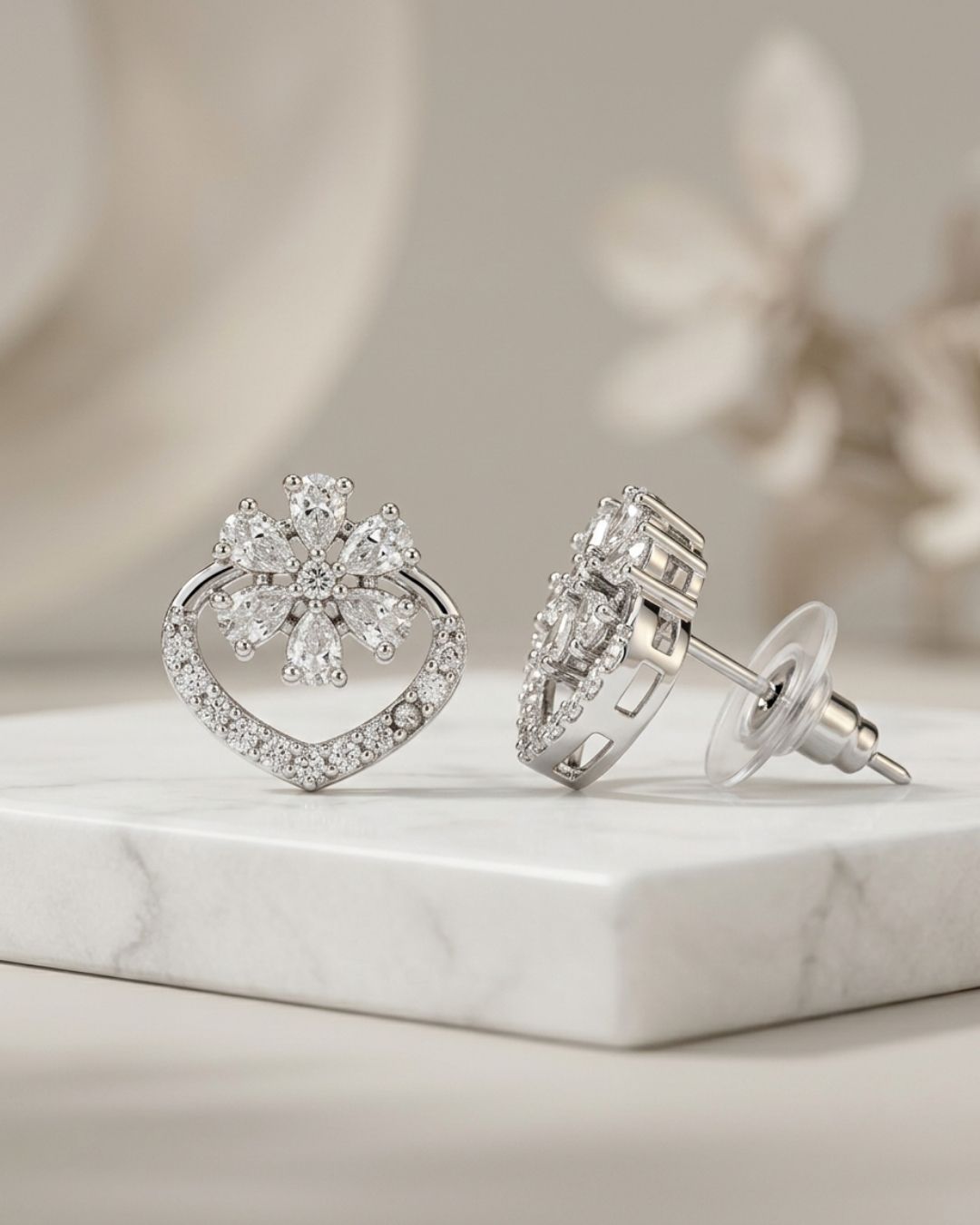 Sparkling Floral Heart Silver Finish AD Stud Earrings