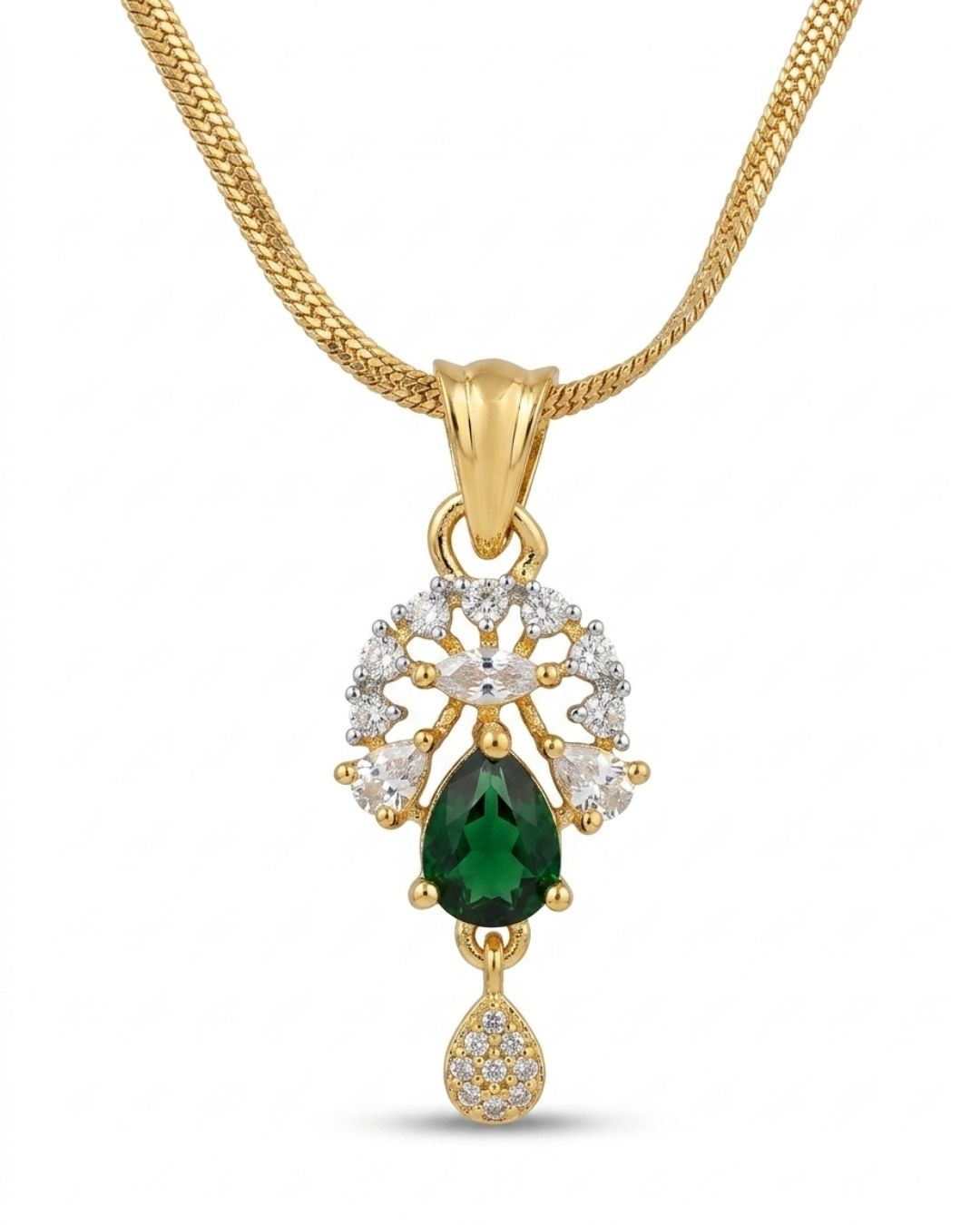 Emerald Bloom Gold Finish AD Pendant Set