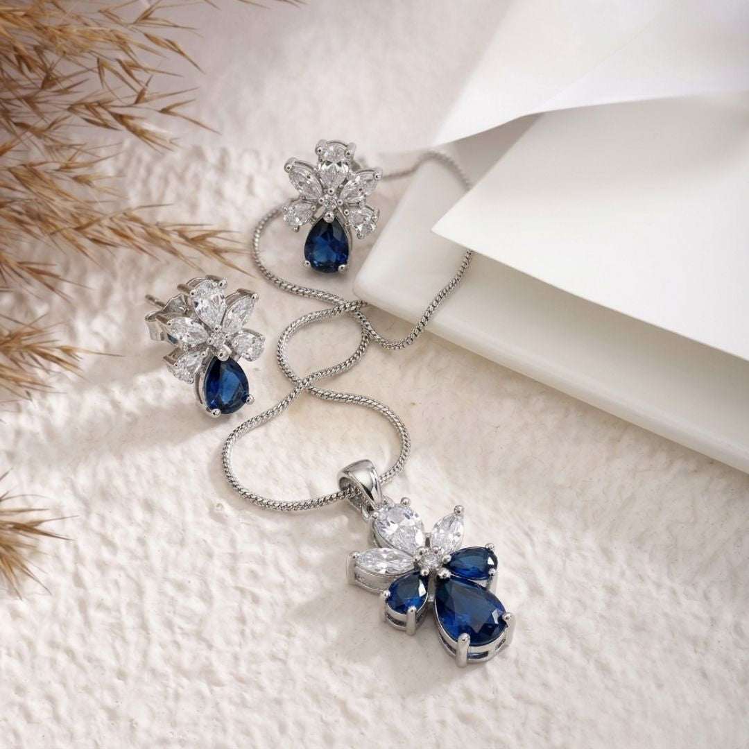 Sapphire Bloom Silver Finish Designer Pendant Set