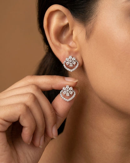 Sparkling Floral Heart Silver Finish AD Stud Earrings