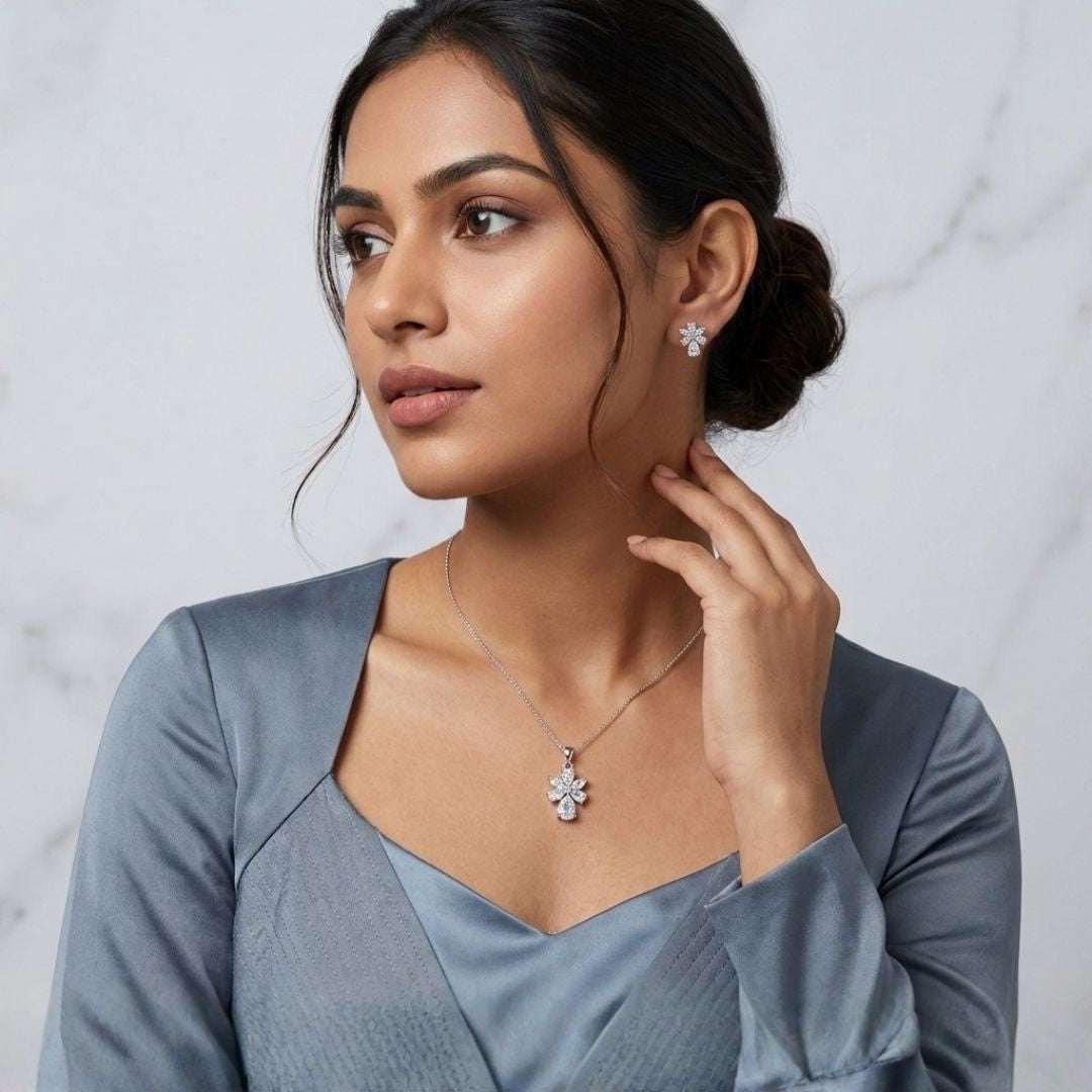 Crystal Bloom Silver Finish Bridal Pendant Set