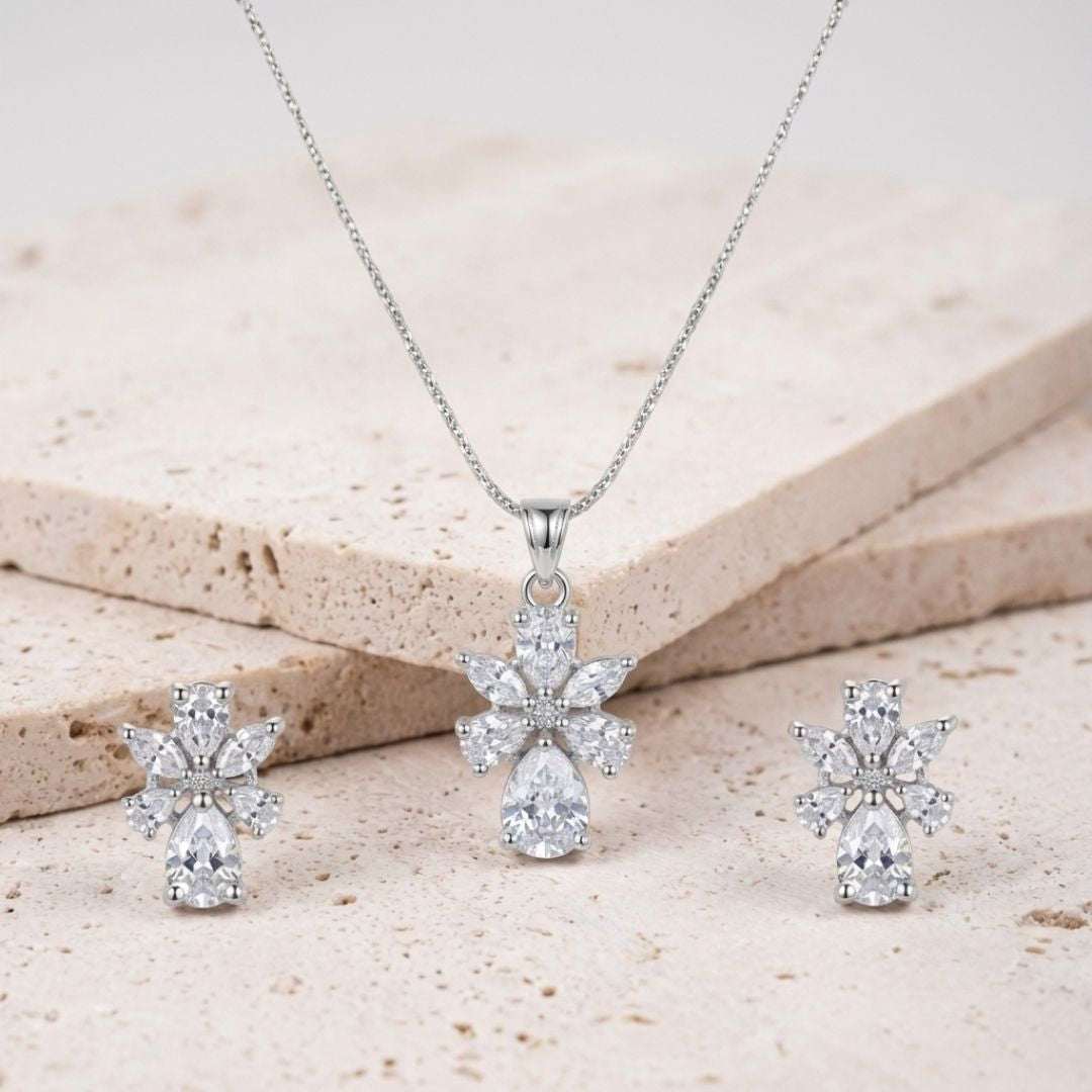 Crystal Bloom Silver Finish Bridal Pendant Set