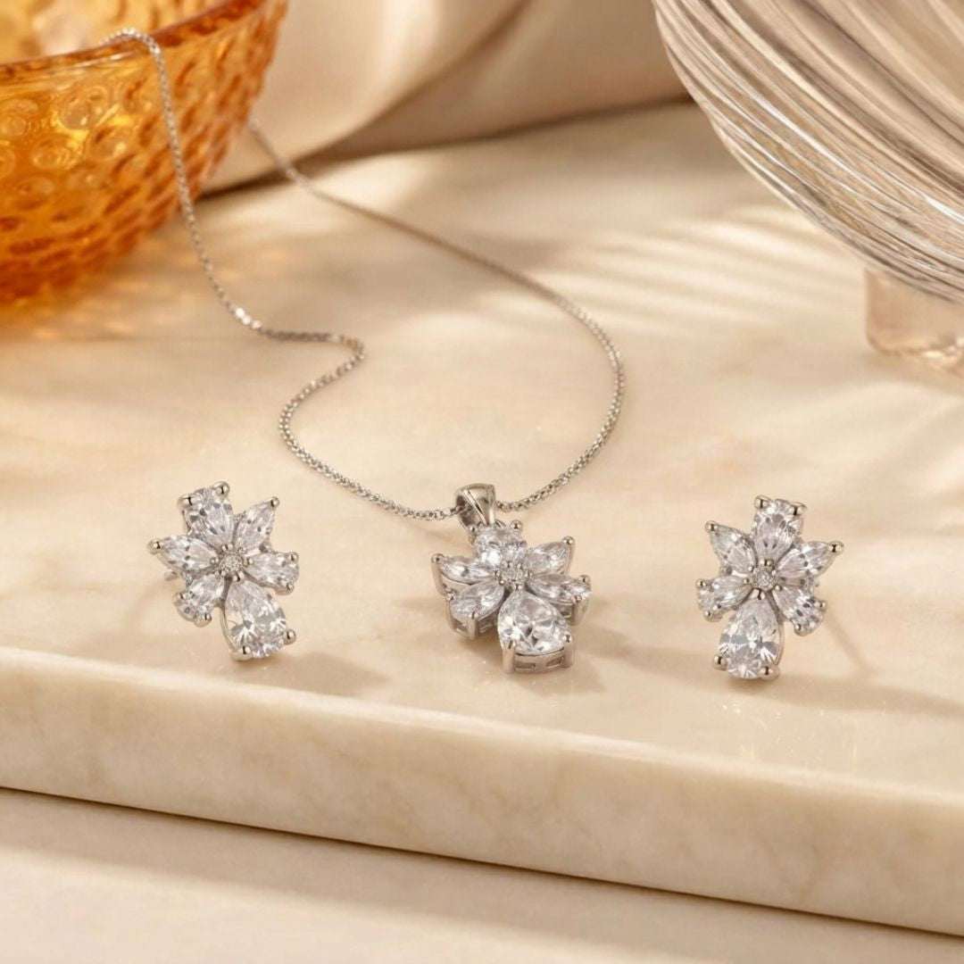 Crystal Bloom Silver Finish Bridal Pendant Set