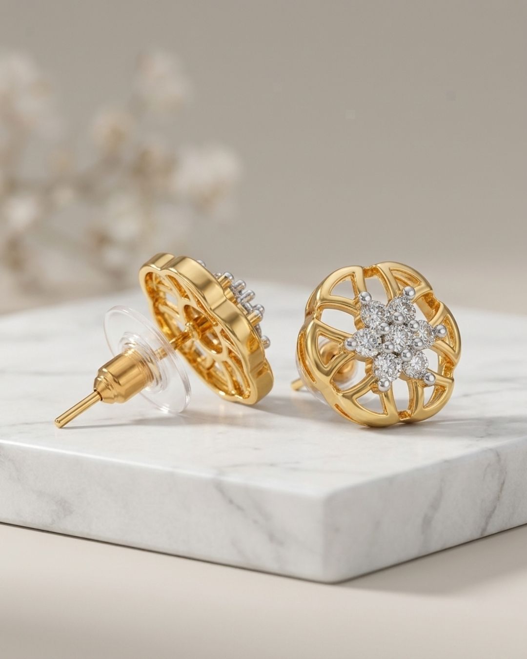 Gold Floral CZ Stud Earrings | Open Petal Design | Dual Tone Finish