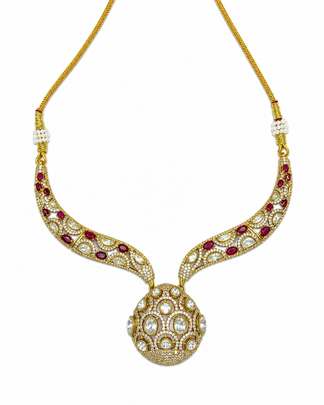 Polki Mozonite Necklace Set with Monalisa Stone